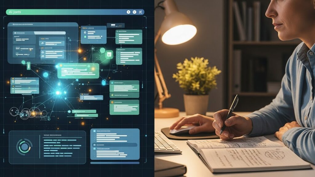 AIが文章の整理を行い、人が内容を確認・修正している様子を表した、人とAIの役割分担を示すイメージ。