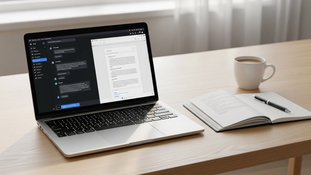 シンプルな在宅デスクにノートパソコンとメモ帳が置かれ、AIツールを使って記事作成をしている作業環境のイメージ。