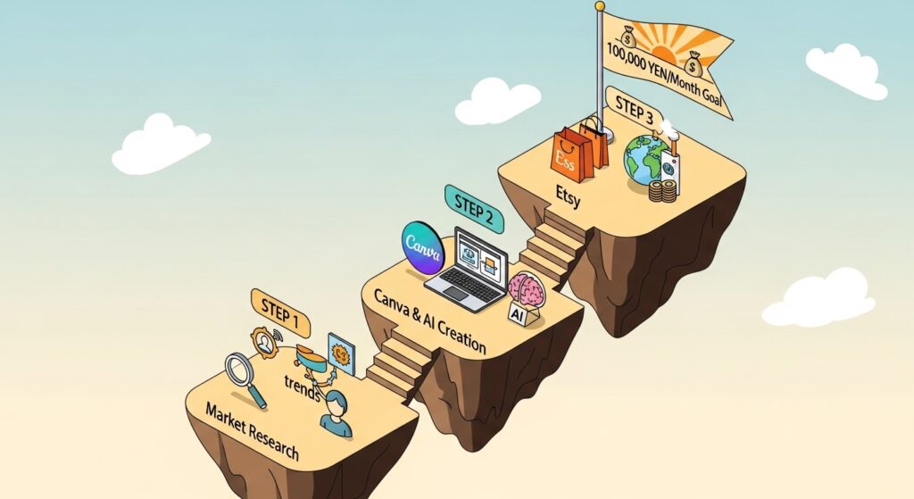 未経験から月10万円の資産収入を築く3ステップ・ロードマップの概念図