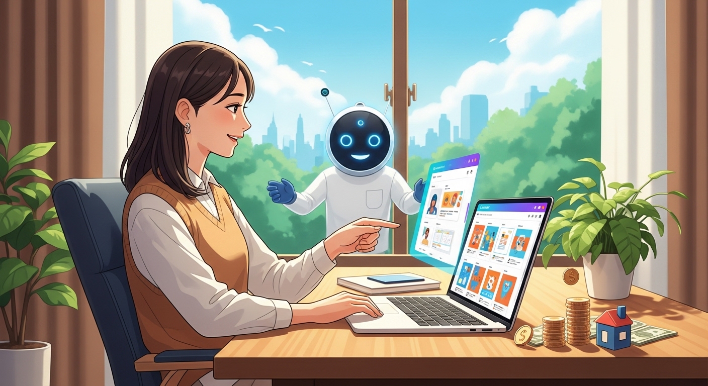 AIとCanvaを使って在宅でテンプレートをデザインする女性のイラスト。未経験からの資産収入構築をイメージ。