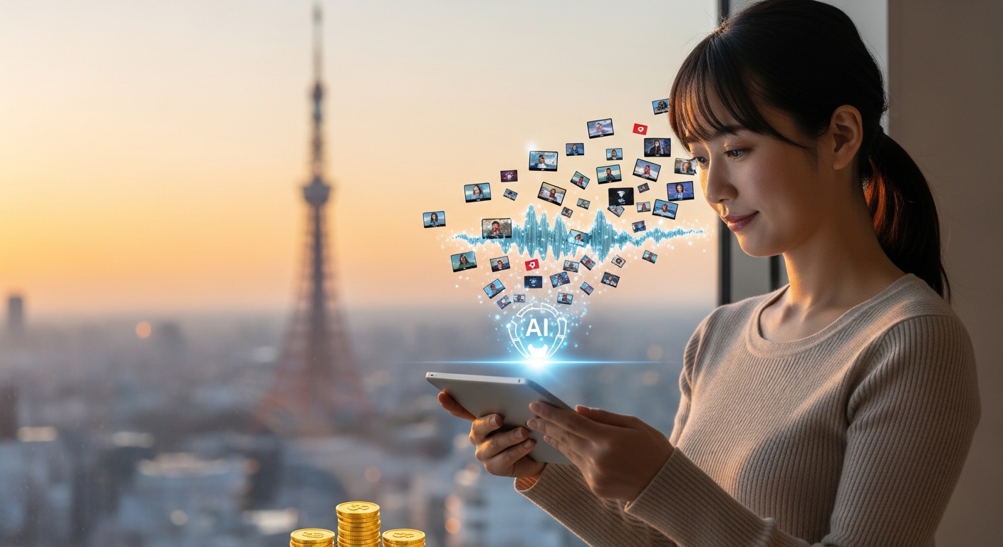 2026年のカフェで、AIを味方にショート動画編集をこなす女性。溢れ出る動画の波と収益のコインが、才能や時間がなくても在宅ワークで『稼げる』未来を象徴。初心者でも人生を変えられる希望を感じさせるアイキャッチ画像。