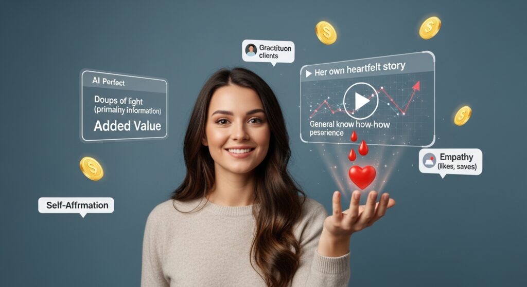 自宅のワークスペースでタブレット操作をする日本人女性のイメージ画像。AI動画編集ツールで作られた一般的なダイエット動画のホログラムに対し、彼女が自分の『一次情報（体験談）』を象徴する光の雫を加えている。雫によって動画が個人的で価値ある内容へと書き換わり、周囲に『感動』『共感』『ありがとう』といった感謝のホログラムが浮かぶ。AI活用に独自の付加価値を付ける方法を可視化。