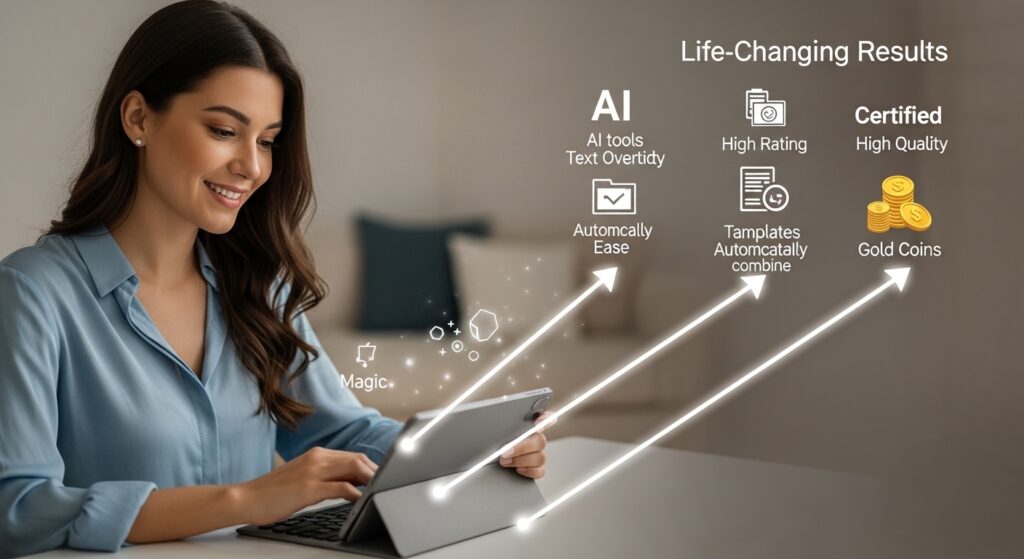 「自宅のテラスでタブレット操作をする女性のイメージ画像。タブレットから『STEP 1: AIツール』『STEP 2: 型（テンプレ）』『STEP 3: クラウドソーシング』と書かれた3つの光る経路が伸びている。AIを駆使して最小限の労力でショート動画編集の副業を成功させ、自由な働き方を手に入れた『面倒くさがりな私』のロードマップを可視化。」