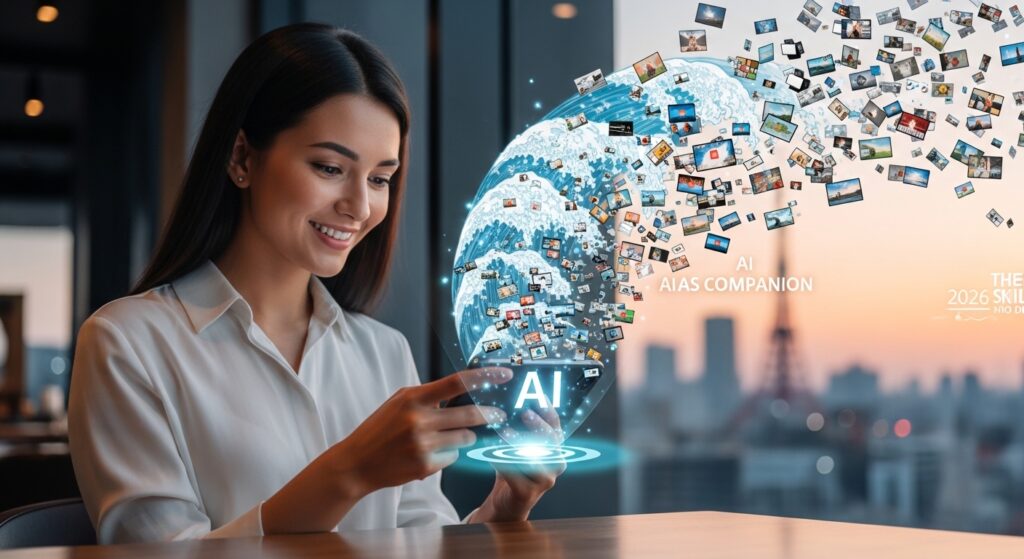 2026年の東京の近未来都市を背景に、カフェでスマホ操作をする女性のイメージ画像。スマホからは爆発的な需要を示す無数のショート動画の波と、編集を支援するAIのインターフェース、AI動画編集が2026年において最強の副業であることを視覚化。