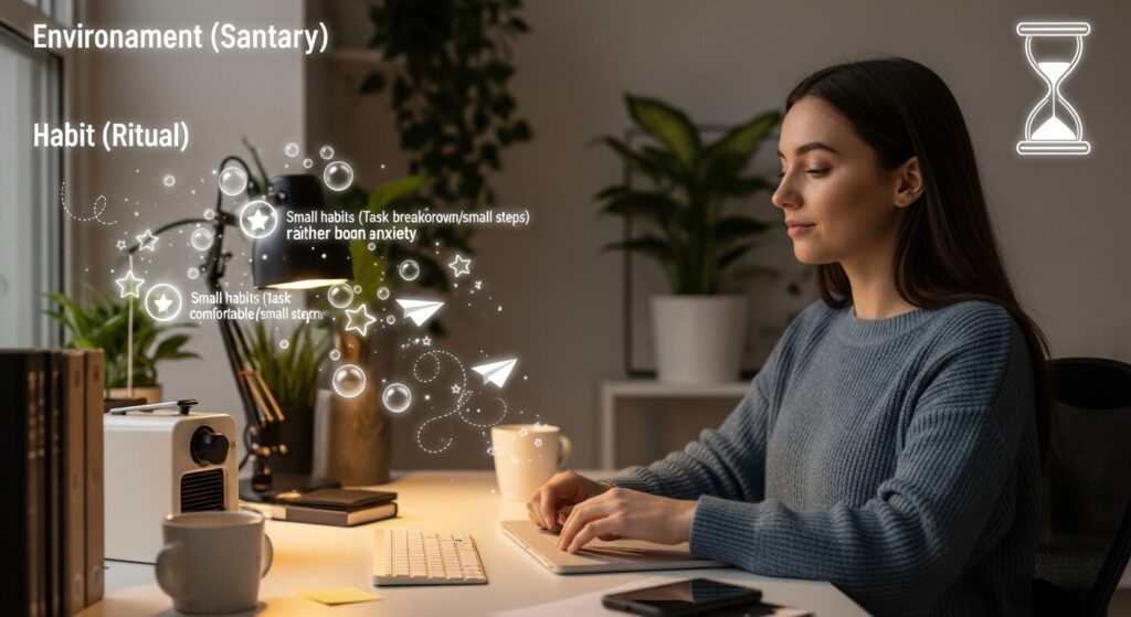 自宅作業スペースで、デュアルモニターとタブレットを操作する日本人女性のイメージ画像。デスク周りは整理され、集中しやすい『環境』が整っている。彼女の周囲には『まずはAIを立ち上げる』『タスクを細分化』といった小さな『習慣』を象徴する光るテキストが浮かび、小さな達成感を積み重ねることで在宅ワークの挫折を防ぐロードマップを可視化。在宅ワーク、環境、習慣、挫折しない、TAKAのイメージ。